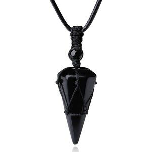 Men's Adjustable  Black Rope Healing Crystal Natural Gemstone Pointed Necklace